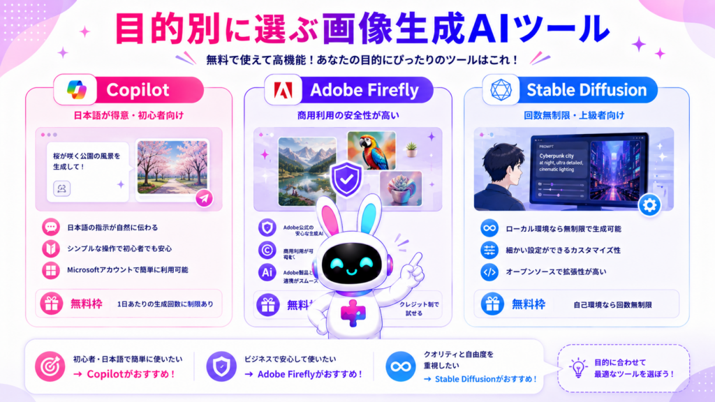 画像生成ai 無料 おすすめツールのCopilot・Adobe Firefly・Stable Diffusionを比較したイメージ