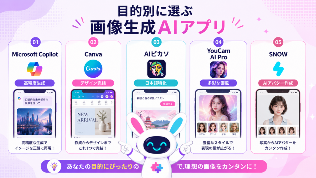 画像生成ai アプリのCopilot・Canva・AIピカソなど5アプリを比較したイメージ
