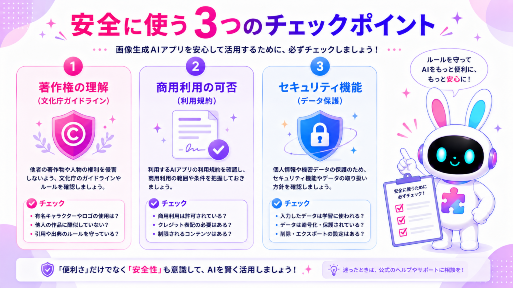 画像生成ai アプリを安全に使うための著作権・商用利用・セキュリティの注意点を示すイメージ