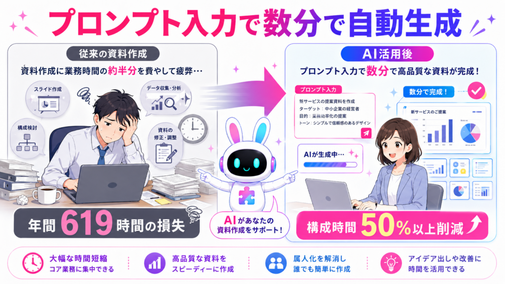 パワポ 資料作成 ai で資料作成時間を大幅に削減するイメージ