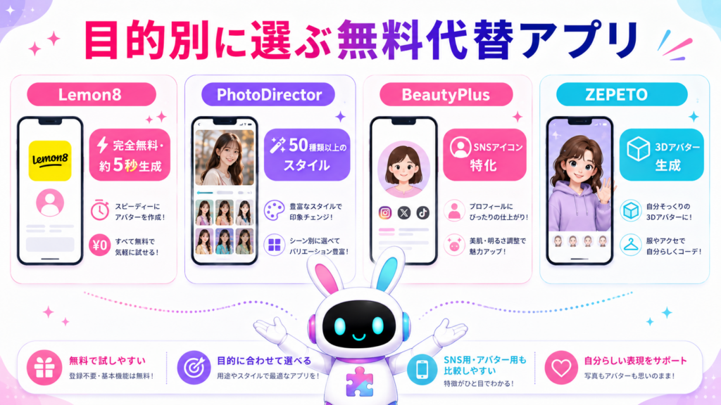 snow aiアバター 無料の代替アプリLemon8・PhotoDirector・BeautyPlus・ZEPETOを比較したイメージ