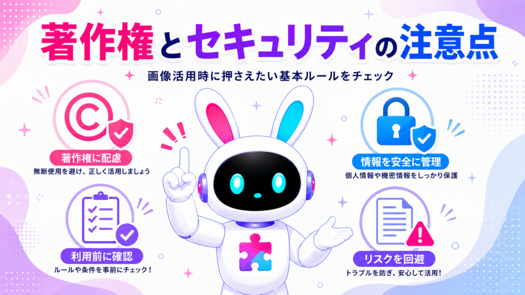 画像生成AIツール利用時の著作権と情報セキュリティの注意点を示す画像