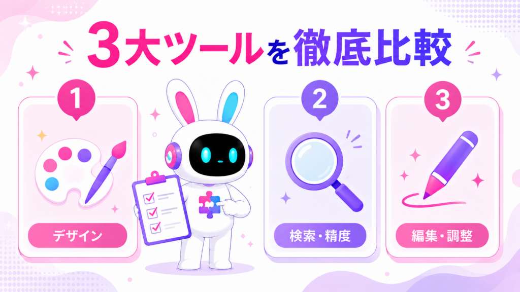 画像生成AI大手ツール3つの特徴を比較する画像
