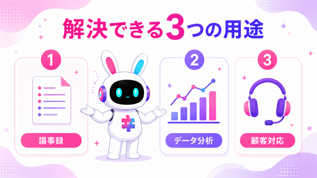 AI業務効率化ツールが解決する3つの用途を紹介する画像