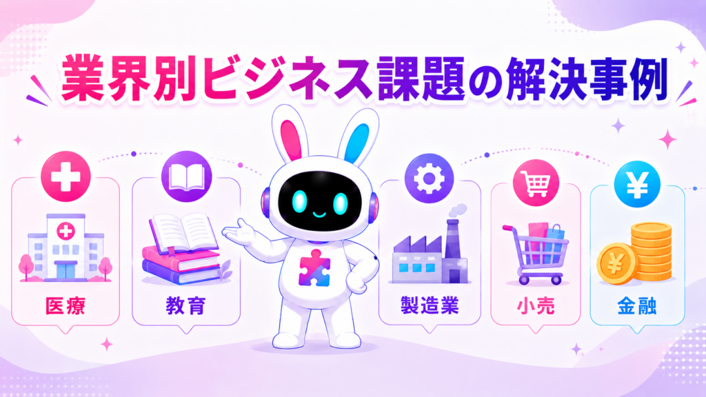 医療・教育・製造業・小売・金融業界のAI活用事例を紹介する画像