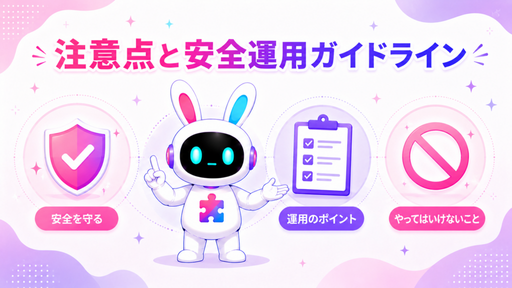 AIチャットボットキャラクターの注意点と安全運用ガイドラインを紹介する画像