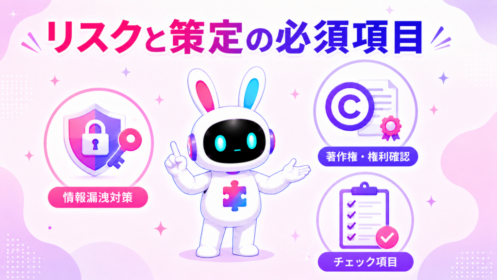 AI利活用ガイドライン未策定のリスクと策定の必須項目を紹介する画像