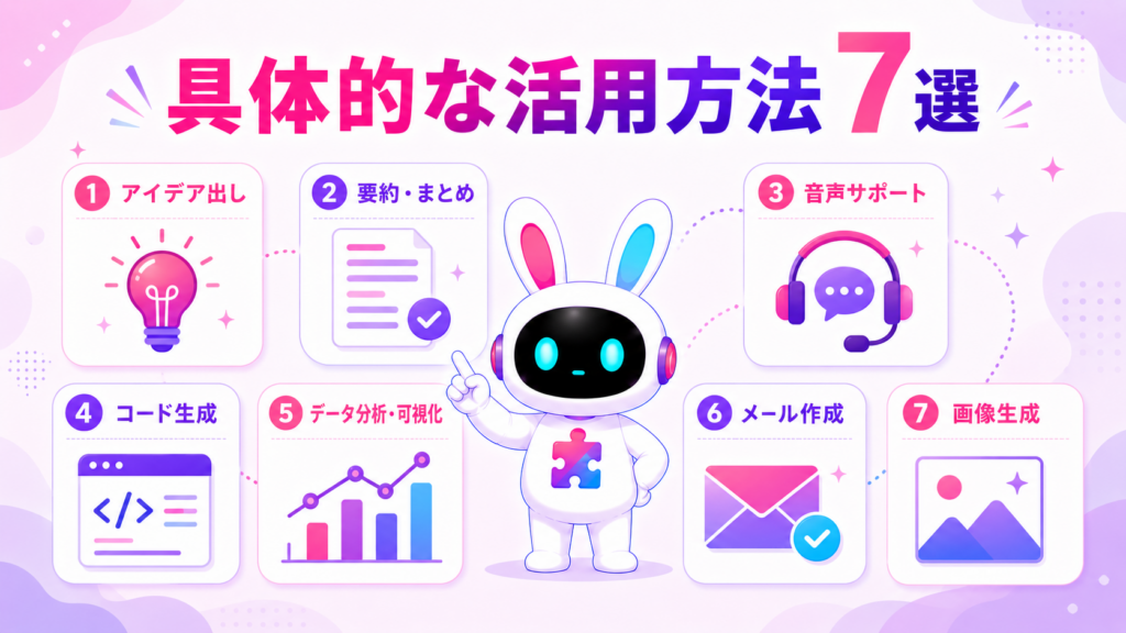 業務効率化に役立つ具体的なAI活用方法7選を紹介する画像