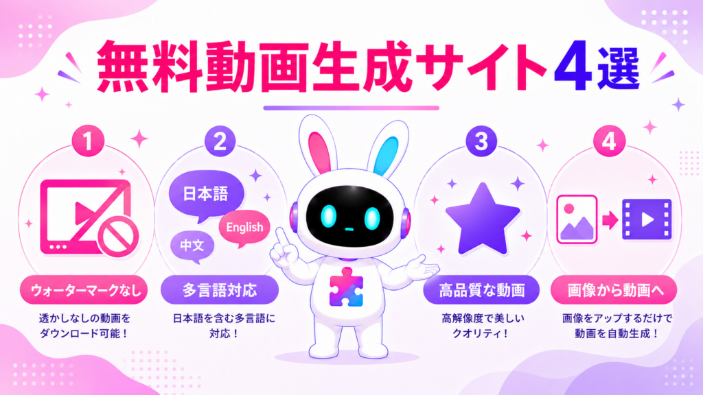 無料で使える動画生成AIサイト4選を紹介する画像