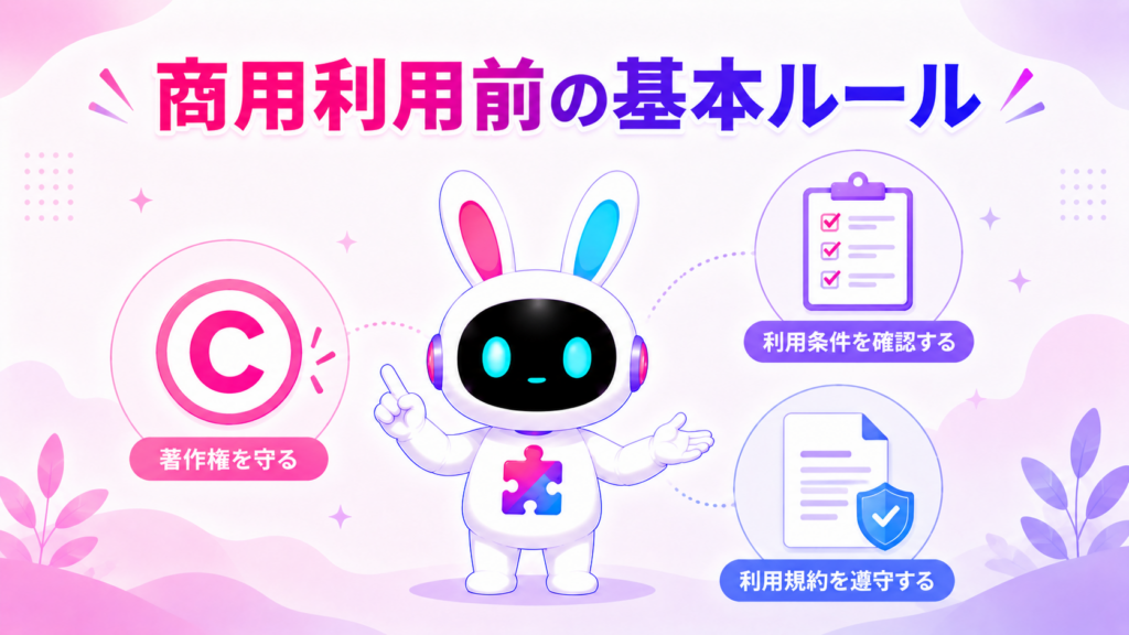 動画生成AIを商用利用する前に確認すべき基本ルールを紹介する画像