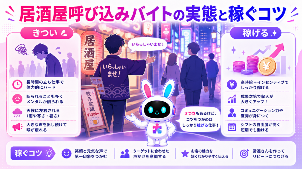 居酒屋 呼び込み バイトのきつさと稼げる面の両方を示すイメージ