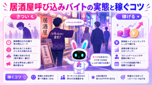 居酒屋 呼び込み バイトのきつさと稼げる面の両方を示すイメージ