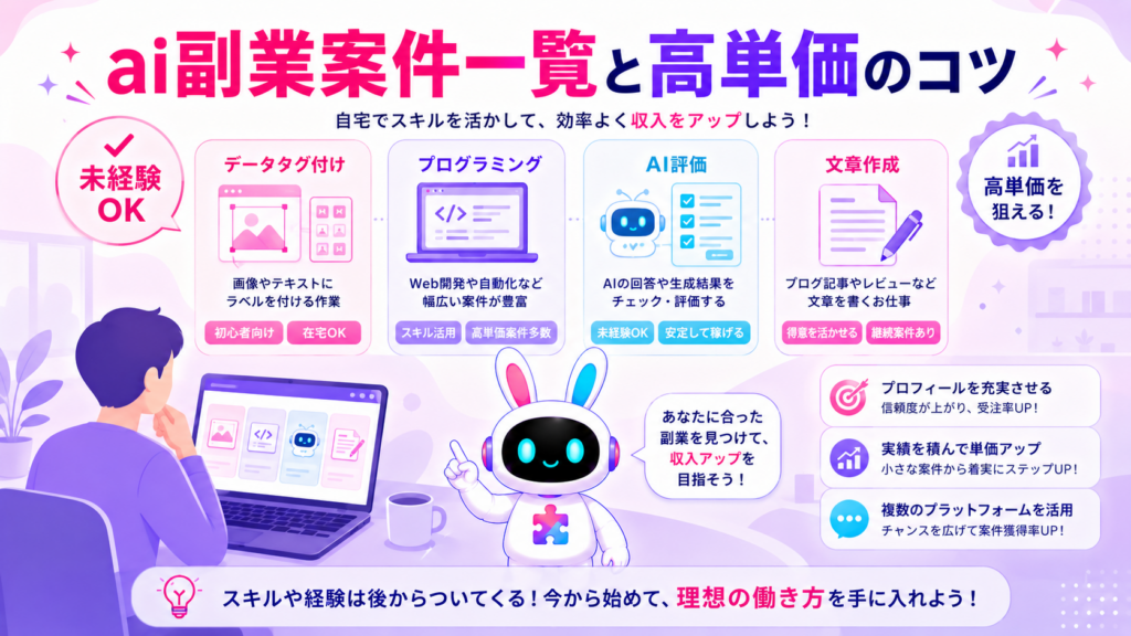 ai副業 案件の種類一覧と高単価のコツを紹介するイメージ