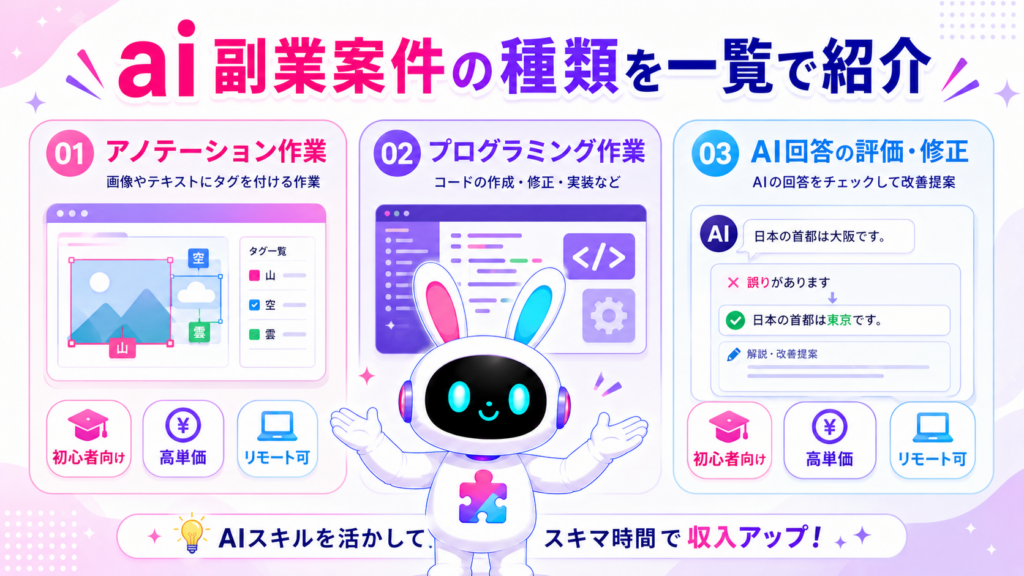 ai副業 案件の種類（アノテーション・エンジニア・トレーナー）を一覧で紹介するイメージ