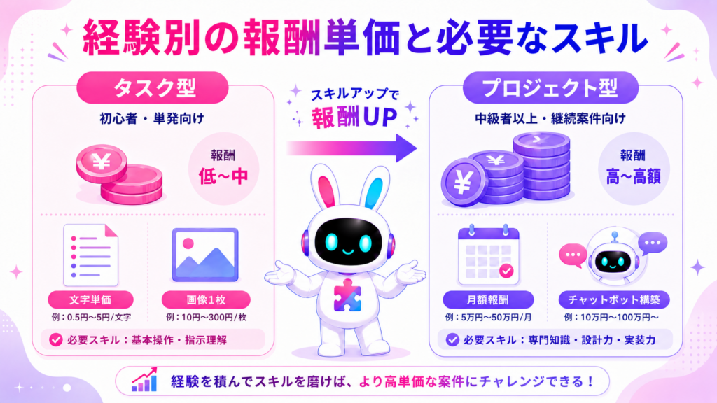 ai副業 案件の経験別の報酬単価と必要なスキルを比較するイメージ