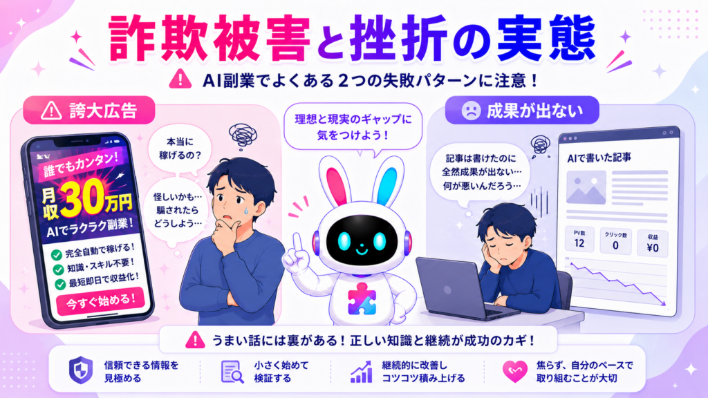 ai副業 怪しいと言われる詐欺被害や挫折の実態を示すイメージ