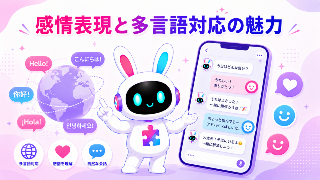 AIアバターの感情表現や多言語対応の魅力を紹介するイメージ