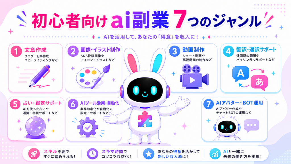 初心者向けのai副業 おすすめ7つのジャンルを紹介するイメージ