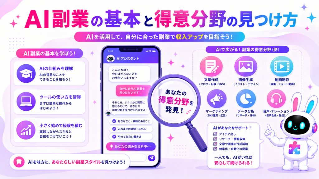 ai副業 始め方の基本知識と得意分野の見つけ方を示すイメージ