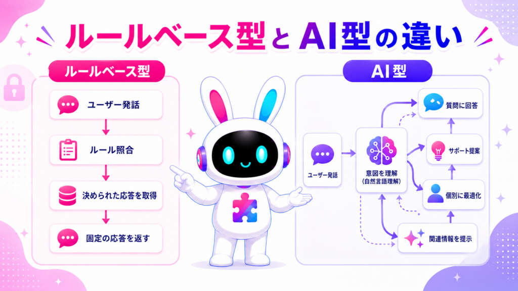 AIチャットボットの従来型（ルールベース型）とAI型の違いを示すイメージ