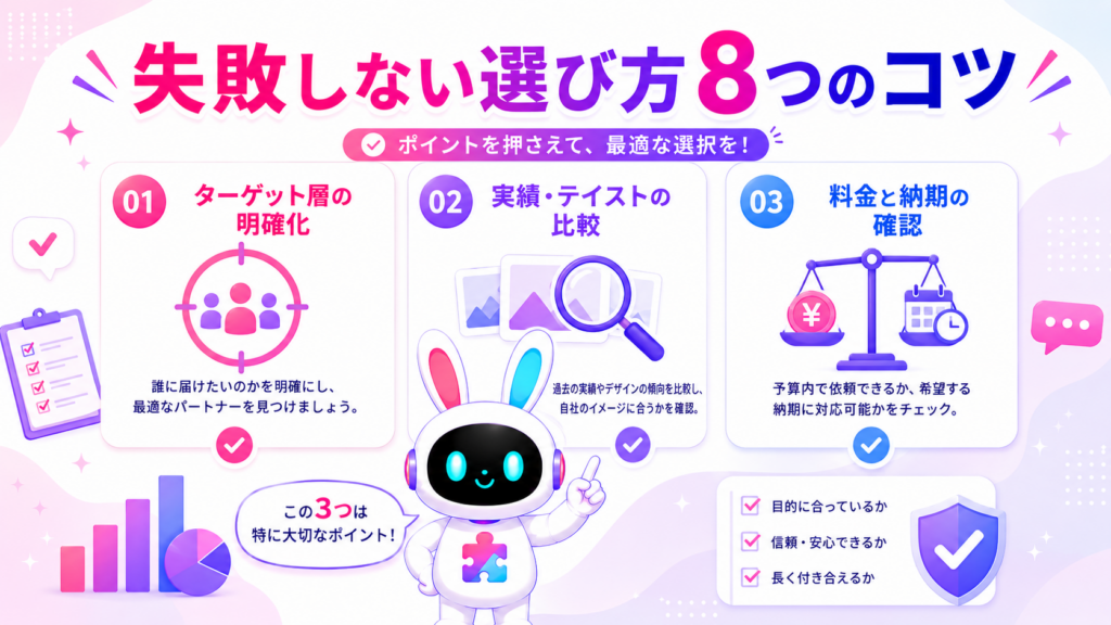 キャラクター制作会社 おすすめの失敗しない選び方のコツを示すイメージ