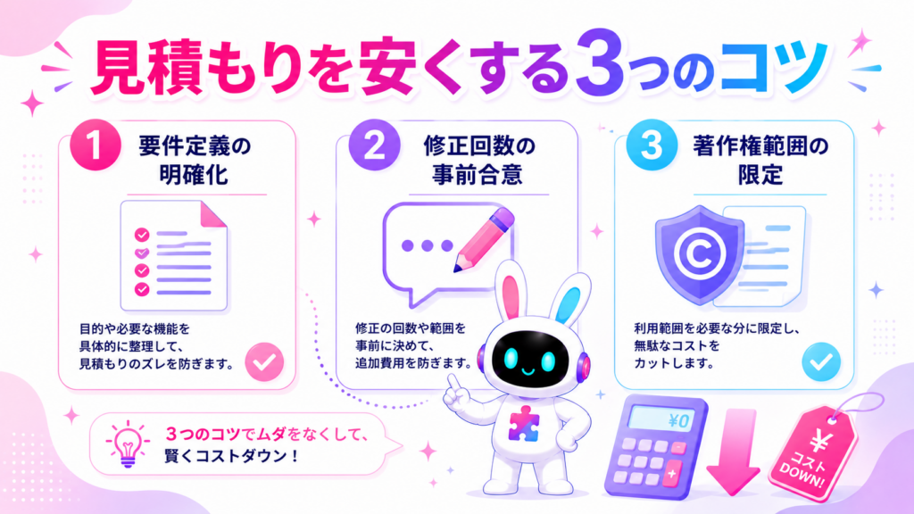 キャラクター制作 費用を抑える3つのコツを示すイメージ