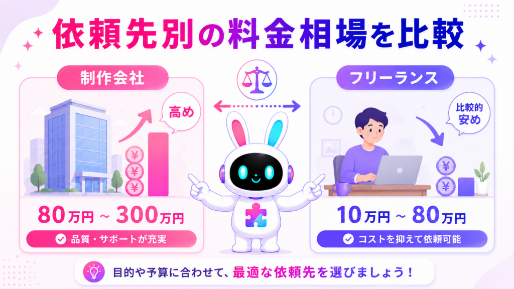 キャラクター制作 費用の依頼先別の料金目安を比較するイメージ