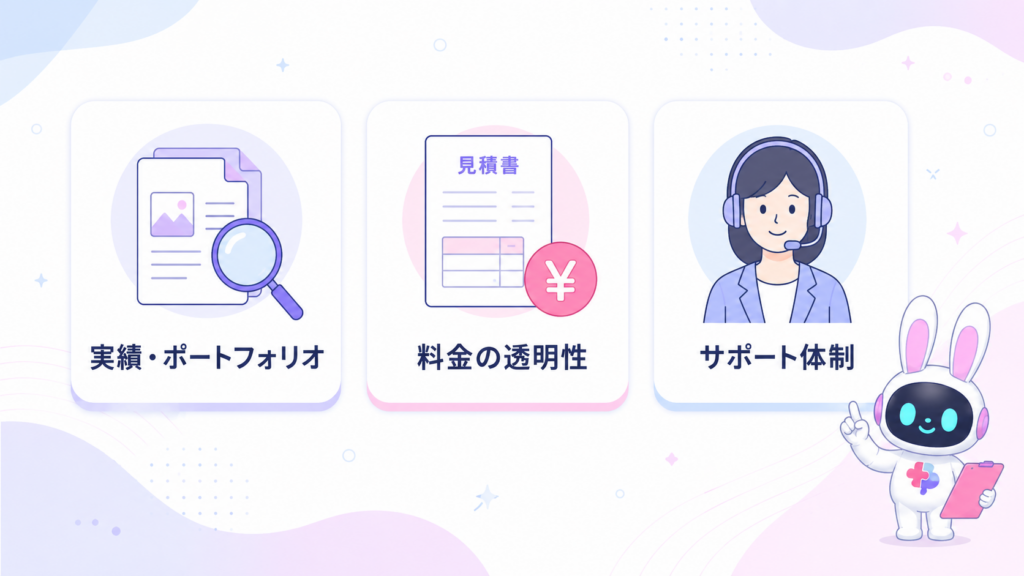3Dキャラクター制作会社の選び方3つのポイント(実績・料金・サポート)を示すイラスト