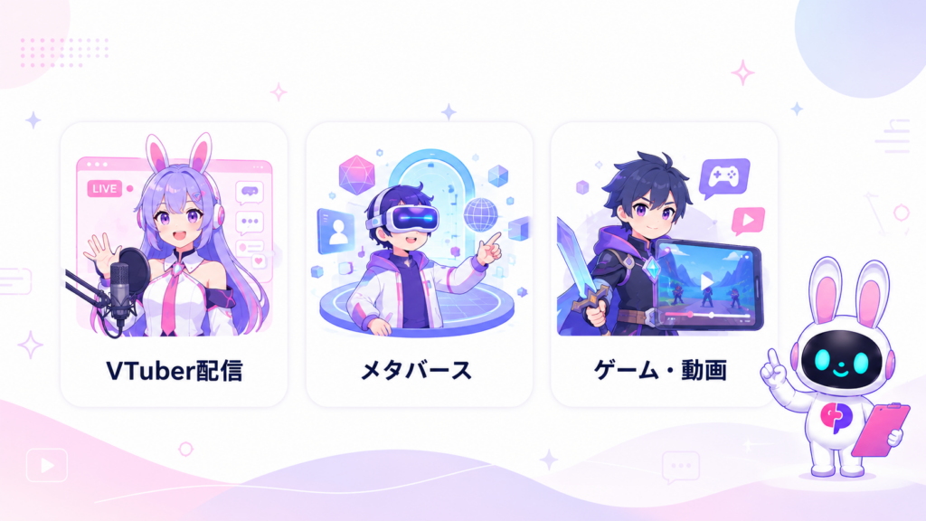 3Dキャラクター制作の主な用途(VTuber・メタバース・ゲーム動画)を示すイラスト
