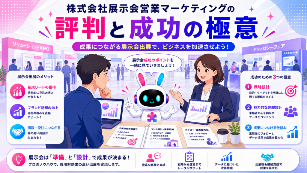展示会出展のコンサルティングを受けるビジネスパーソンのイメージ