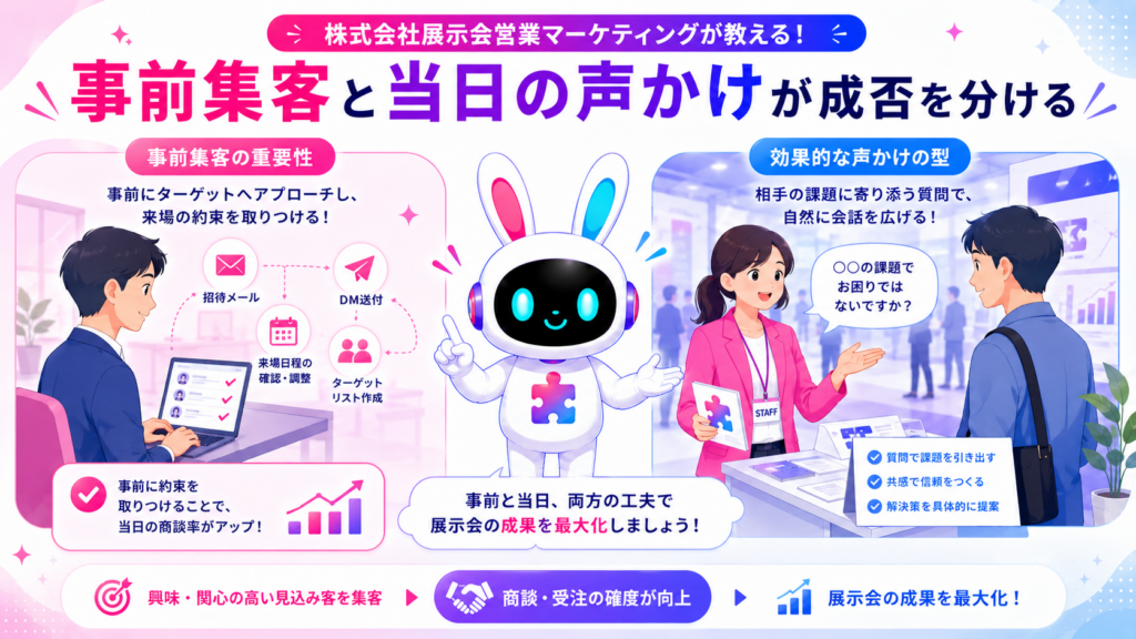 株式会社展示会営業マーケティングの事前集客と当日の声かけのノウハウを示すイメージ