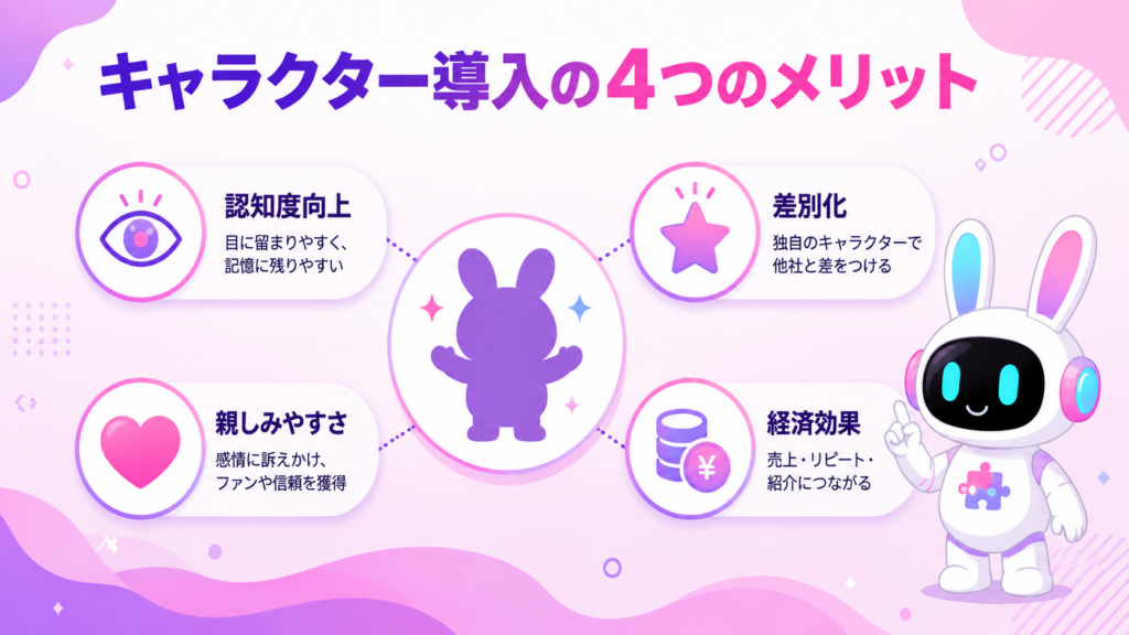 企業キャラクター 成功例から学ぶマスコット導入のメリットを示すイメージ