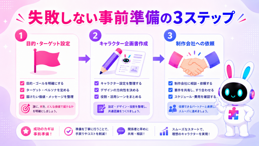 キャラクター制作 流れで失敗しない事前準備の3ステップを示すイメージ