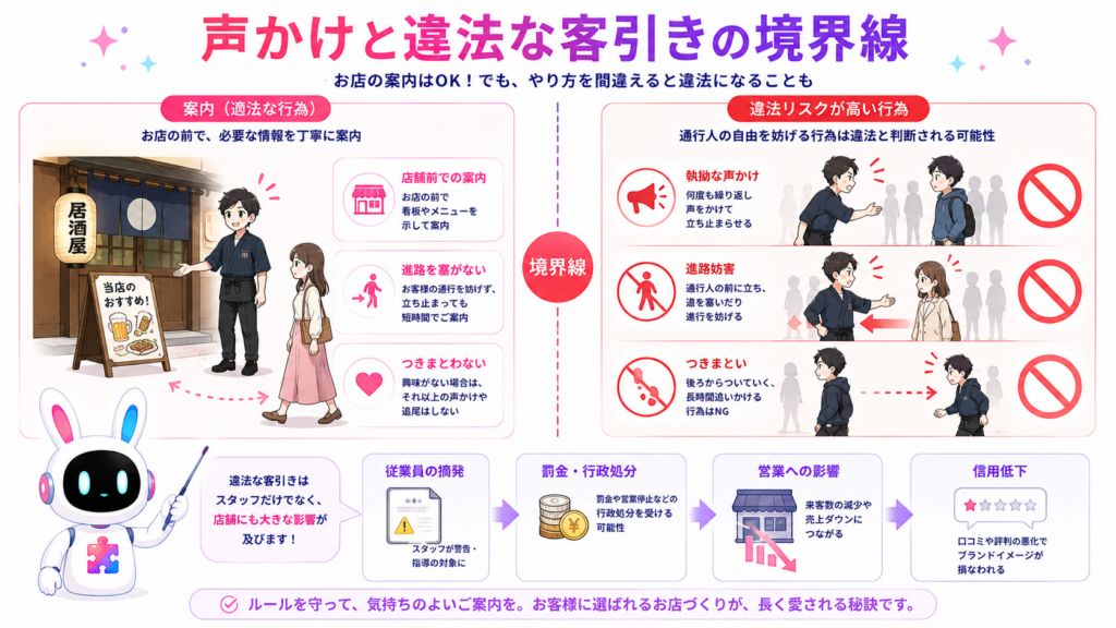 店舗前での案内と、進路妨害やつきまといを伴う違法な客引きを比較した図