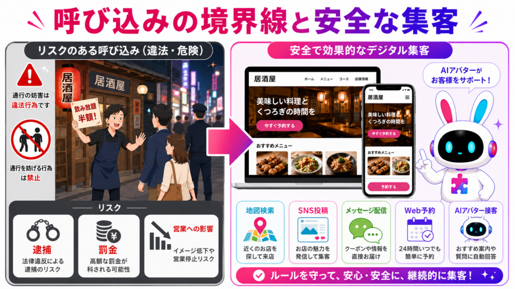 違法な路上の客引きから、Web予約やSNS、AI接客を使った安全な居酒屋集客へ切り替える図