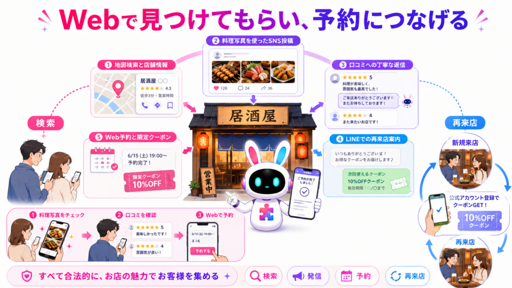 地図検索やSNS、口コミ、LINE、Web予約を使って居酒屋への新規来店と再来店を促す図