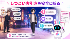 夜の繁華街で客引きに立ち止まらず、短く断って安全に通り過ぎる方法を示した図