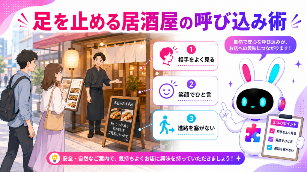 居酒屋の入口でスタッフが適切な距離を保ち、看板と笑顔で通行人へ自然に案内している図