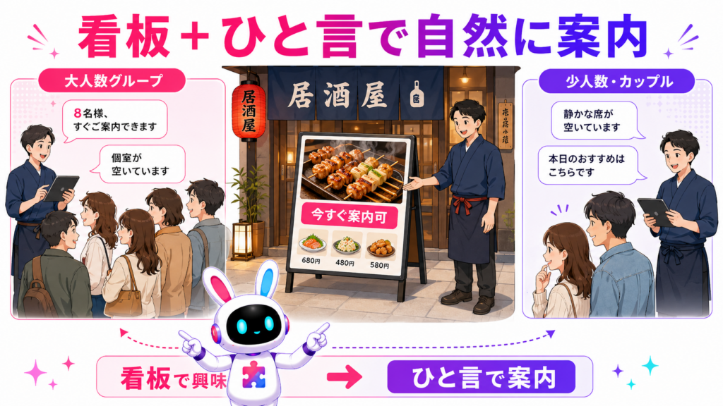 居酒屋の看板と、大人数・少人数それぞれに合った短い声かけを組み合わせた店頭集客の図