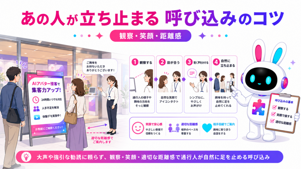 スタッフが通行人の様子を観察し、笑顔と適切な距離で自然に声をかけている呼び込みの図