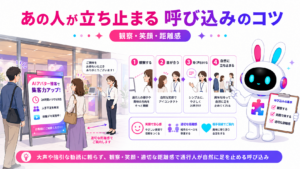 スタッフが通行人の様子を観察し、笑顔と適切な距離で自然に声をかけている呼び込みの図