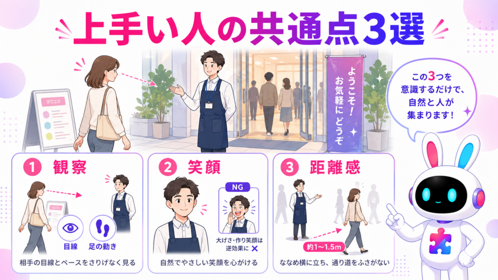 呼び込みが上手い人の特徴である観察力、自然な笑顔、適切な距離感を3つに整理した図