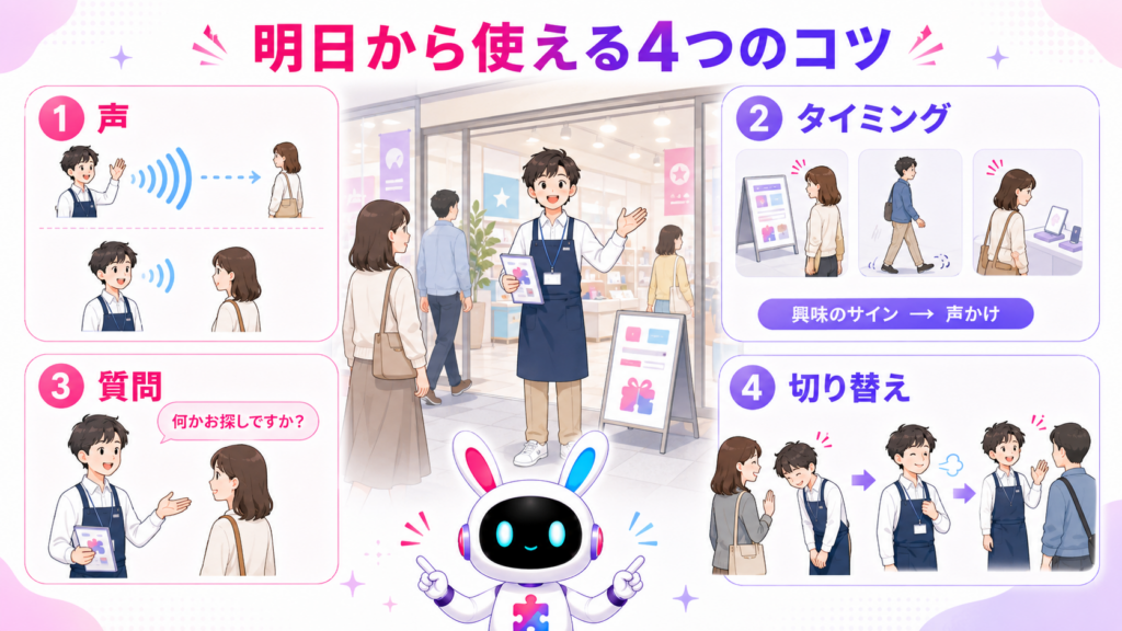 呼び込みで使える声のトーン、声かけのタイミング、質問型フレーズ、気持ちの切り替えを示した図