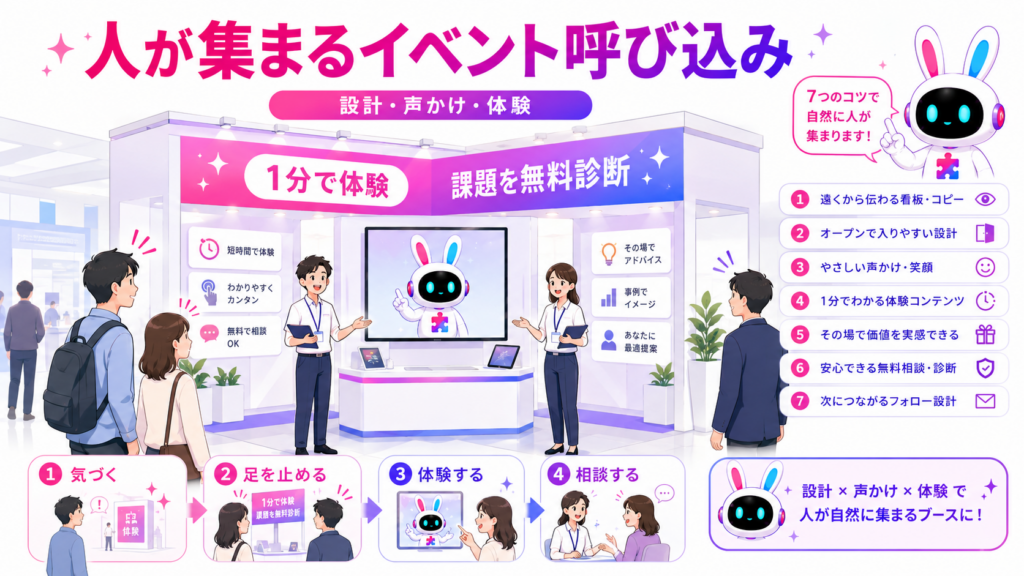開放的なイベントブースでスタッフとAIアバターが来場者を自然に案内するイベント呼び込みの図