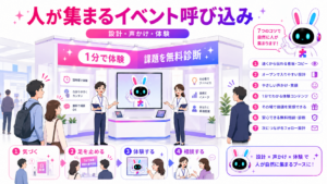 開放的なイベントブースでスタッフとAIアバターが来場者を自然に案内するイベント呼び込みの図