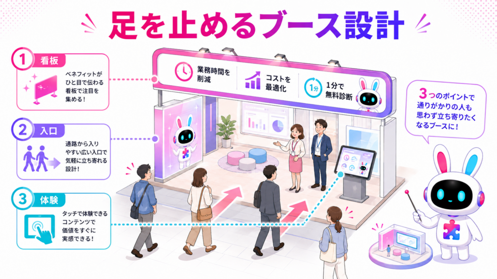メリットが伝わる看板と開放的な入口、体験スペースを備えたイベントブースの設計図