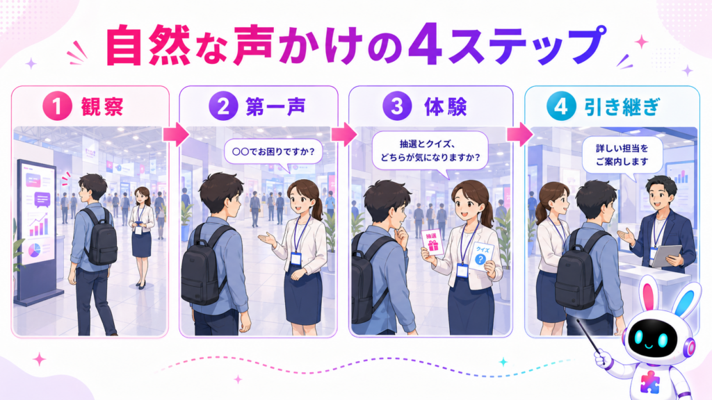 来場者の興味を観察し、短い第一声から体験と商談担当への引き継ぎにつなげるイベント接客の図