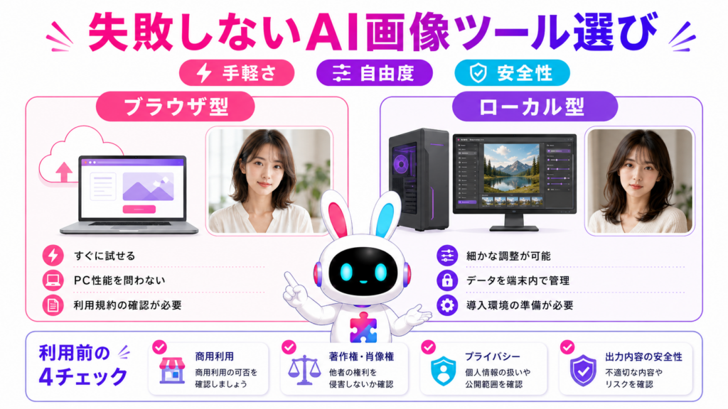 ブラウザ型とローカル型の画像生成AIを商用利用や安全性の観点から比較した図