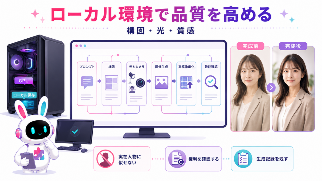 ローカルPCでプロンプトや照明を調整し、フォトリアルなAI人物画像を仕上げる工程