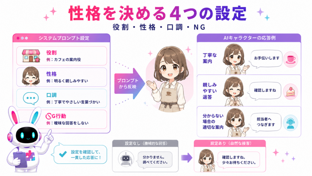 役割・性格・口調・NG行動をシステムプロンプトに設定し、AIの応答を統一する図